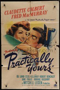 6w606 PRACTICALLY YOURS style A 1sh '44 Claudette Colbert hugging Air Force pilot Fred MacMurray!