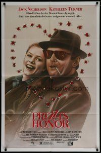 6w613 PRIZZI'S HONOR 1sh '85 cool art of smoking Jack Nicholson & Kathleen Turner w/bullet holes!
