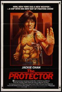 6w615 PROTECTOR int'l 1sh '85 Danny Aiello, Chris Achilleos art of Jackie Chan w/huge gun!