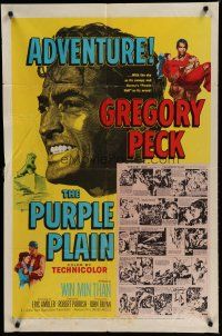 6w618 PURPLE PLAIN 1sh '55 great artwork of Gregory Peck, written by Eric Ambler!