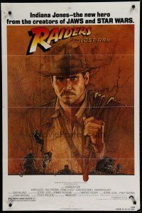 6w625 RAIDERS OF THE LOST ARK 1sh '81 great artwork of Harrison Ford by Richard Amsel!