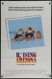 6w627 RAISING ARIZONA 1sh '87 Coen Brothers, art of Nicolas Cage, Holly Hunter & baby!
