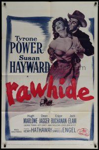 6w633 RAWHIDE 1sh R56 Tyrone Power & pretty Susan Hayward in western action!
