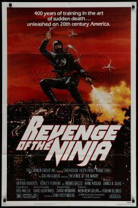 6w656 REVENGE OF THE NINJA 1sh '83 cool artwork of ninja throwing weapons in mid-air!