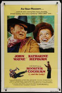 6w680 ROOSTER COGBURN 1sh '75 great art of John Wayne with eyepatch & Katharine Hepburn!