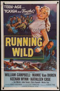 6w690 RUNNING WILD 1sh '55 sexy bad Mamie Van Doren is teen-age, tough and tempted!