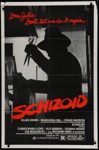 6w703 SCHIZOID 1sh '80 cool silhouette of crazed madman Klaus Kinski attacking with scissors!