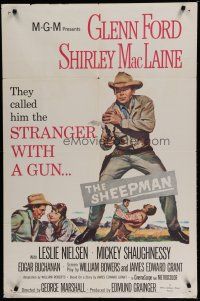 6w716 SHEEPMAN 1sh '58 cool art of Glenn Ford pointing smoking gun, Shirley MacLaine!