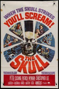 6w734 SKULL 1sh '65 Peter Cushing, Christopher Lee, cool horror artwork of creepy skull!