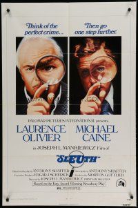 6w739 SLEUTH 1sh '72 Laurence Olivier & Michael Caine with magnifying glasses!