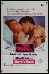 6w776 STORY OF A WOMAN 1sh '69 great romantic close up of sexy Bibi Andersson & Robert Stack!