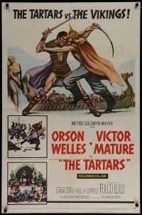 6w816 TARTARS 1sh '61 great artwork of Victor Mature battling Orson Welles!