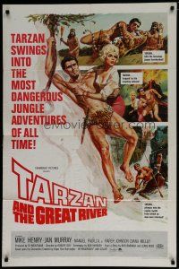 6w817 TARZAN & THE GREAT RIVER 1sh '67 art of Mike Henry in the title role w/sexy Diana Millay!