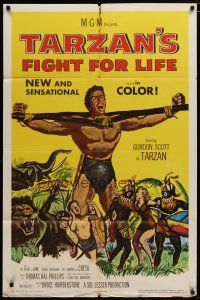 6w818 TARZAN'S FIGHT FOR LIFE 1sh '58 close up art of Gordon Scott bound with arms outstretched!