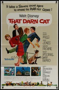 6w836 THAT DARN CAT style A 1sh '65 great artwork of Hayley Mills, wacky Siamese cat, Walt Disney!
