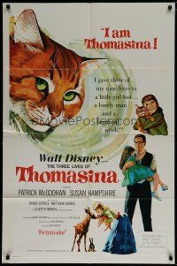 6w850 THREE LIVES OF THOMASINA 1sh '64 Walt Disney, great art of winking & smiling cat!