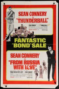 6w857 THUNDERBALL/FROM RUSSIA WITH LOVE 1sh '68 Bond sale of two of Sean Connery's best 007 roles!