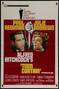 6w878 TORN CURTAIN 1sh '66 Paul Newman, Julie Andrews, Hitchcock tears you apart w/suspense!