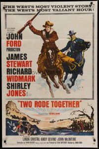 6w894 TWO RODE TOGETHER 1sh '61 John Ford, art of James Stewart & Richard Widmark on horses!