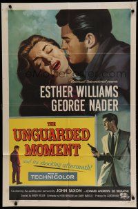 6w903 UNGUARDED MOMENT 1sh '56 close up art of teacher Esther Williams threatened by John Saxon!
