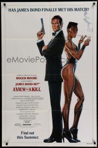 6w930 VIEW TO A KILL advance 1sh '85 art of Moore as Bond 007 & smoking Grace Jones by Goozee!