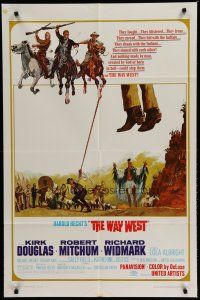 6w949 WAY WEST style B 1sh '67 Kirk Douglas, Robert Mitchum, Widmark, art of frontier justice!