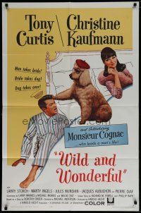 6w970 WILD & WONDERFUL 1sh '64 wacky image of Tony Curtis, Christine Kaufmann, & Monsieur Cognac!