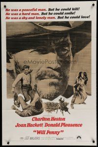 6w973 WILL PENNY 1sh '68 close up of cowboy Charlton Heston, Joan Hackett, Donald Pleasance!