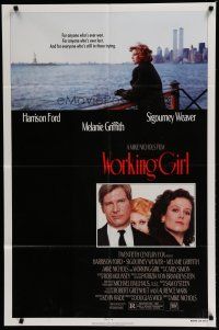 6w983 WORKING GIRL 1sh '88 Harrison Ford, Melanie Griffith looking over ocean by New York City!