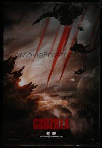 6x349 GODZILLA teaser DS 1sh '14 image of soldiers parachuting over monster & burning city!