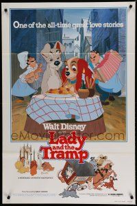 6x461 LADY & THE TRAMP 1sh R80 most romantic spaghetti scene from Disney dog classic!