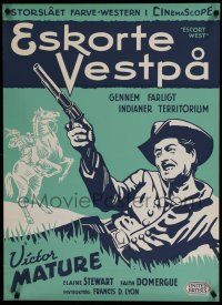 6y769 ESCORT WEST Danish '59 close up silkscreen art of cowboy Victor Mature with gun!