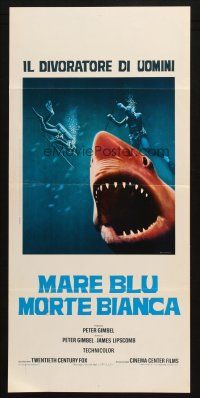 6y664 BLUE WATER, WHITE DEATH red shark style Italian locandina '72 c/u of shark with open mouth!