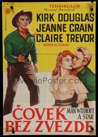 6y185 MAN WITHOUT A STAR Yugoslavian '55 art of cowboy Kirk Douglas pointing gun, Jeanne Crain