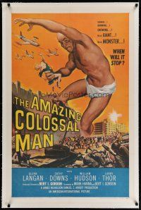 6z014 AMAZING COLOSSAL MAN linen 1sh '57 Bert I. Gordon, art of the giant monster by Albert Kallis!