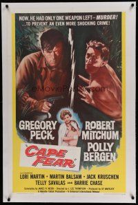 6z060 CAPE FEAR linen 1sh '62 Gregory Peck, Robert Mitchum, Polly Bergen, classic film noir!
