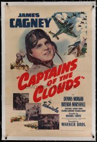 6z063 CAPTAINS OF THE CLOUDS linen 1sh '42 pilot James Cagney, cool art of World War II airplanes!