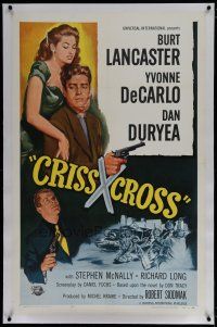 6z089 CRISS CROSS linen 1sh R58 art of Burt Lancaster & Yvonne De Carlo, Robert Siodmak film noir!