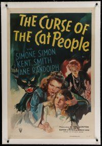 6z090 CURSE OF THE CAT PEOPLE linen 1sh '44 cool art of sexy Simone Simon + big snarling cat!