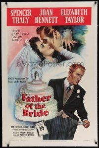 6z141 FATHER OF THE BRIDE linen 1sh '50 art of Liz Taylor in wedding gown & broke Spencer Tracy!