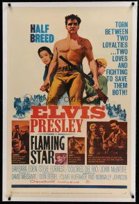 6z146 FLAMING STAR linen 1sh '60 Elvis Presley playing guitar & close up with rifle, Barbara Eden