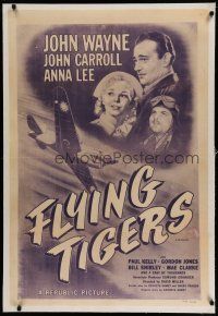 6z149 FLYING TIGERS linen 1sh R54 John Wayne, John Carroll, Anna Lee, art of WWII airplane!