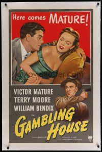6z161 GAMBLING HOUSE linen 1sh '51 art of Victor Mature lusting after Terry Moore, William Bendix!