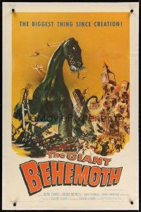 6z169 GIANT BEHEMOTH linen 1sh '59 art of huge brontosaurus dinosaur monster smashing city by Smith!