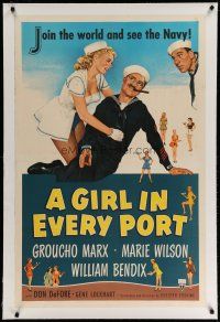 6z170 GIRL IN EVERY PORT linen 1sh '52 artwork of wacky sailor Groucho Marx & sexy Marie Wilson!