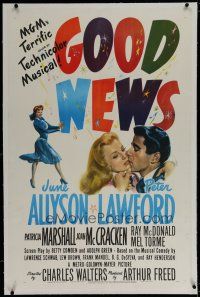 6z174 GOOD NEWS linen 1sh '47 art of June Allyson & Peter Lawford kissng, Technicolor musical!