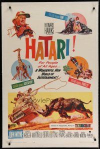6z188 HATARI linen 1sh '62 Howard Hawks, great artwork of John Wayne in Africa by Frank McCarthy!