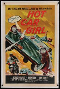 6z201 HOT CAR GIRL linen 1sh '58 she's Hell-on-wheels, fired up for any thrill, classic image!