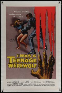 6z207 I WAS A TEENAGE WEREWOLF linen 1sh '57 AIP classic, Kallis art of monster attacking sexy babe!