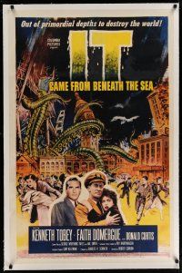 6z217 IT CAME FROM BENEATH THE SEA linen 1sh '55 Harryhausen, art of monster crushing the world!